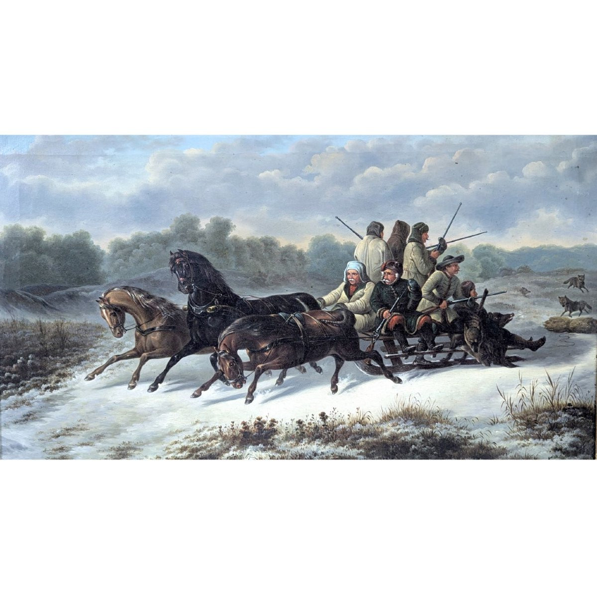 École Russe, fin XIXe siècle — "Chasse au loup en traîneau" — Huile sur toile dans un cadre dor-photo-5