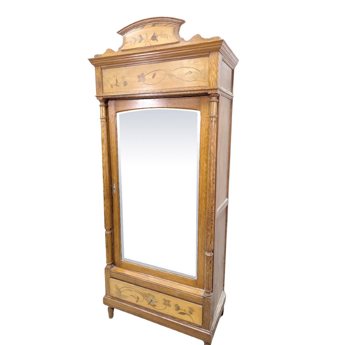 Armoire à glace 1900 Art nouveau en pitchpin et loupe d'érable-photo-2