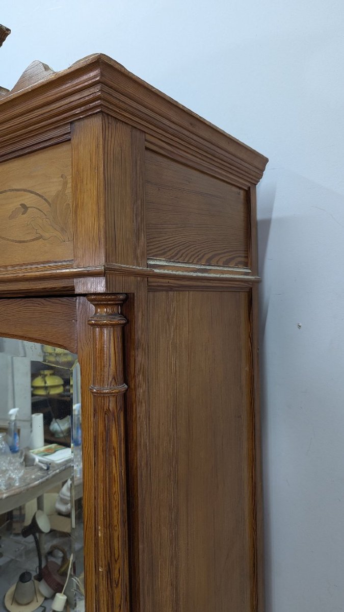 Armoire à glace 1900 Art nouveau en pitchpin et loupe d'érable-photo-3