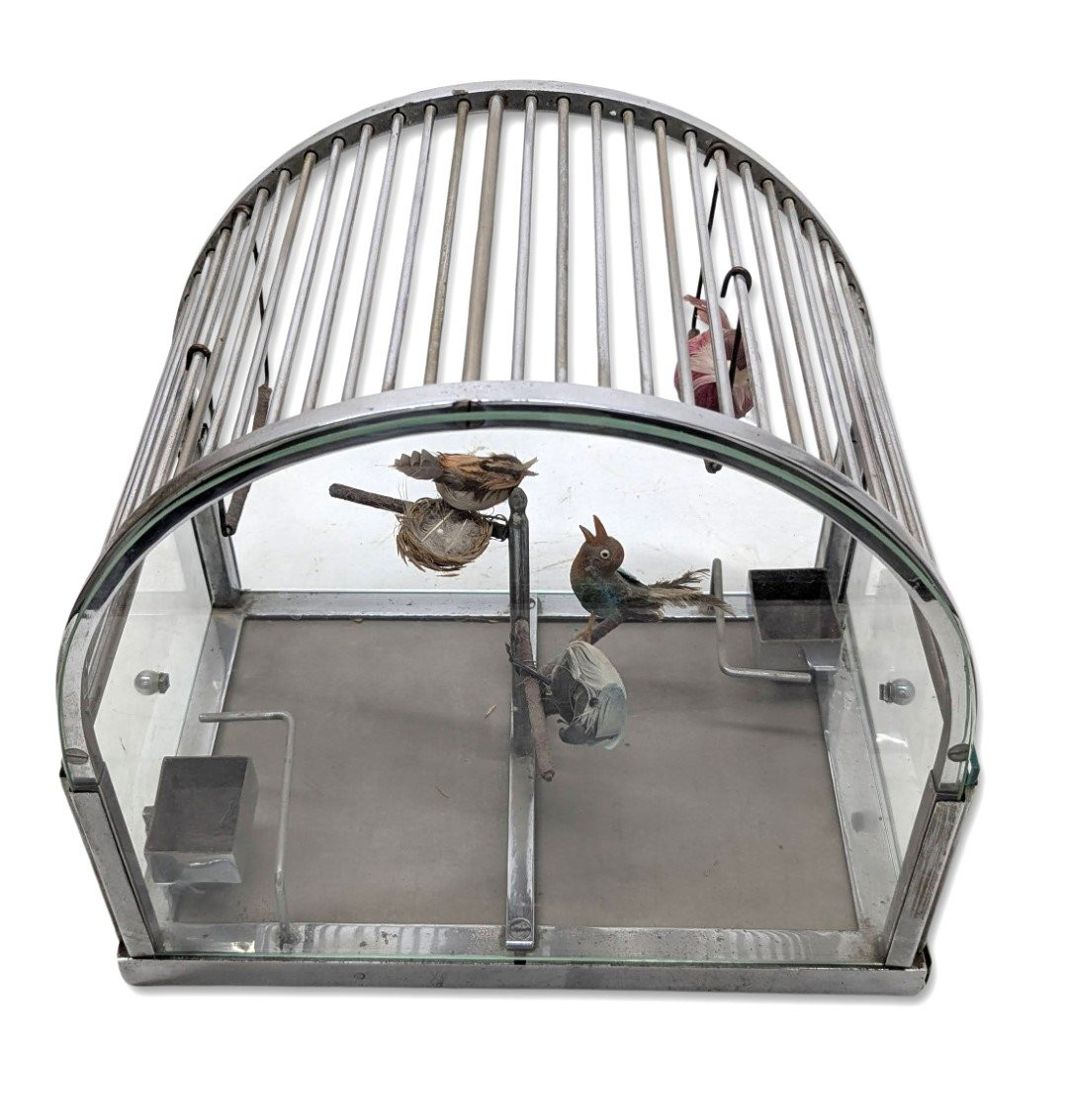 Art Deco Birdcage In Silver-plated Bronze-photo-2