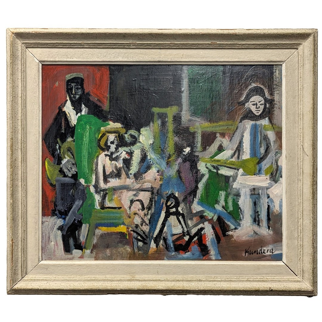 huile sur isorelle époque 20ème Rudolf Kundera école tchèque Arlequin