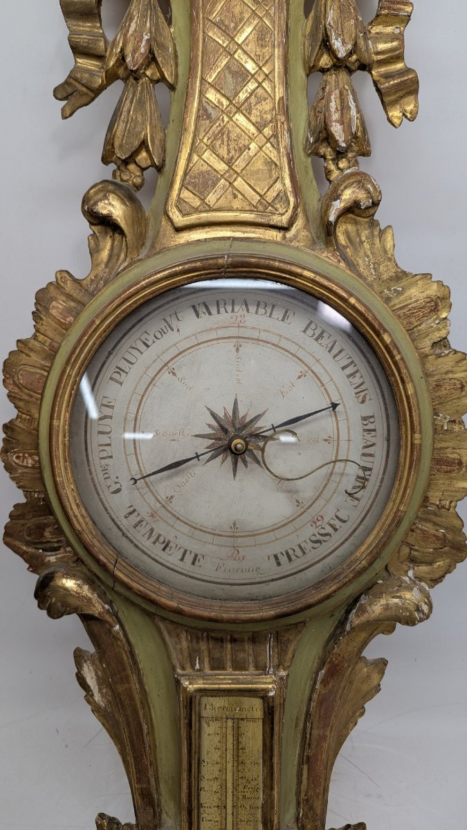 Baromètre thermomètre en bois doré d'époque Louis XVI-photo-3