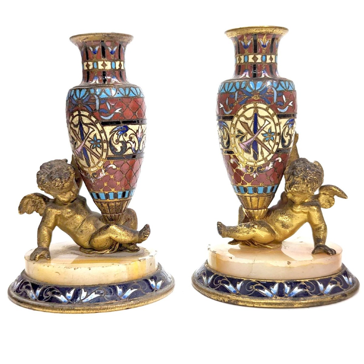 Pair Of Gilt Bronze Cloisonné Soliflores 19th Century Napoleon III Period