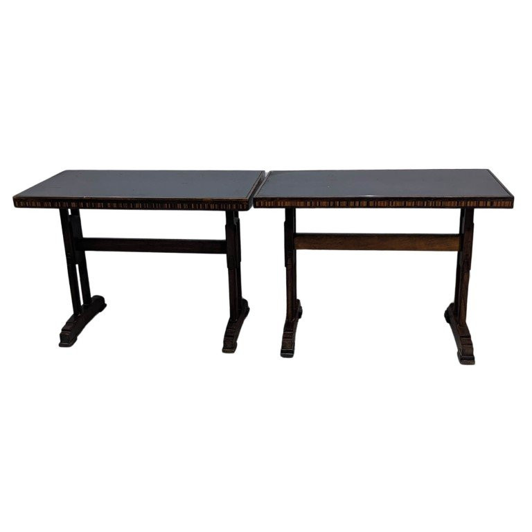 Pair Of 1930s Art Deco Bistro Tables In Marquetry And Black Opaline-photo-1