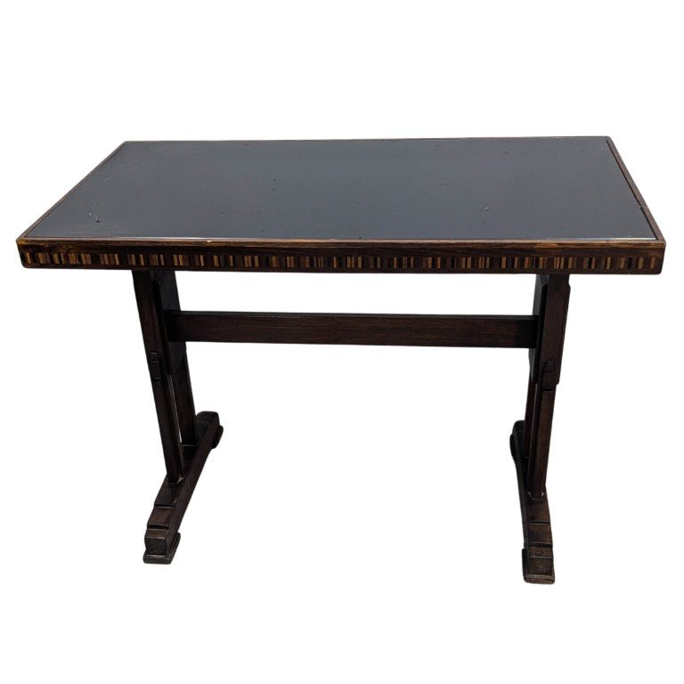 Pair Of 1930s Art Deco Bistro Tables In Marquetry And Black Opaline-photo-2