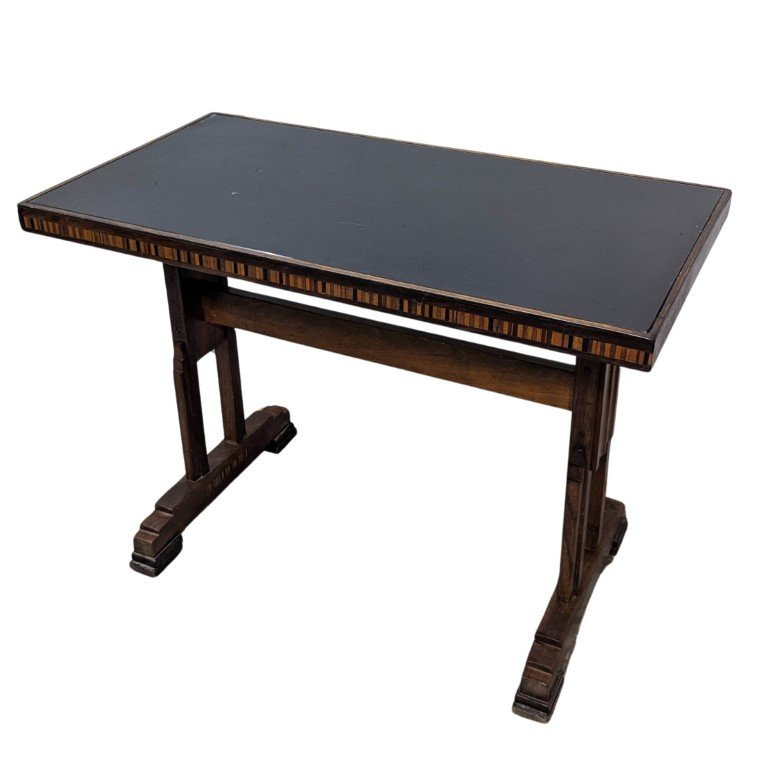 Pair Of 1930s Art Deco Bistro Tables In Marquetry And Black Opaline-photo-4