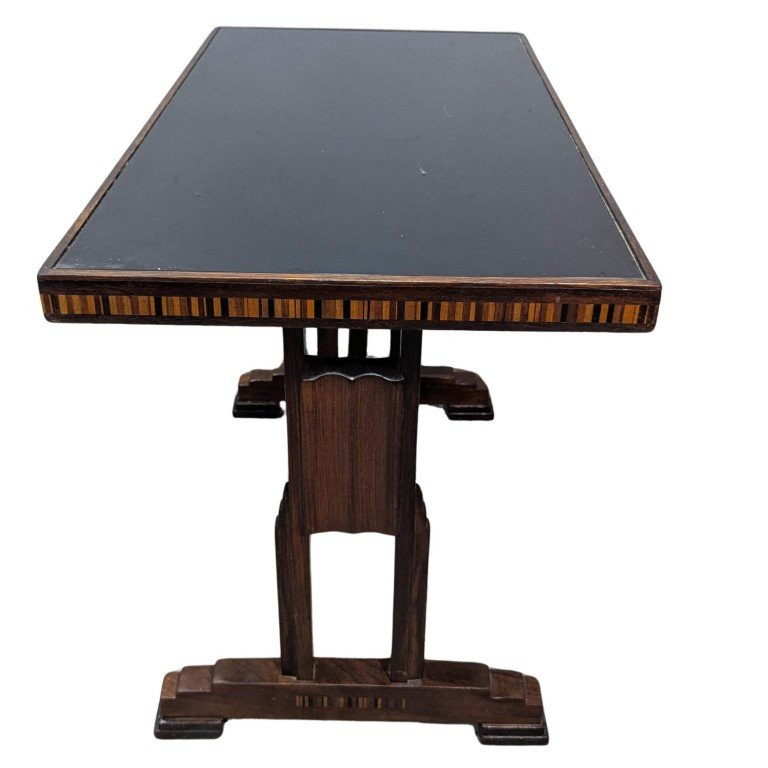 Pair Of 1930s Art Deco Bistro Tables In Marquetry And Black Opaline-photo-5