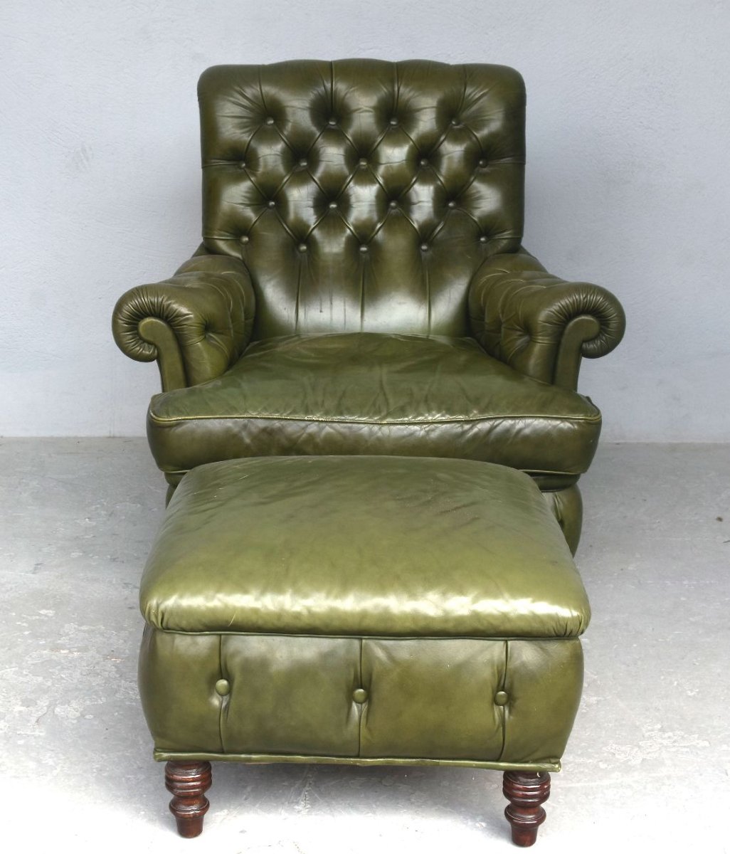 Olive Chesterfield Leather Armchair With Footstool-photo-1