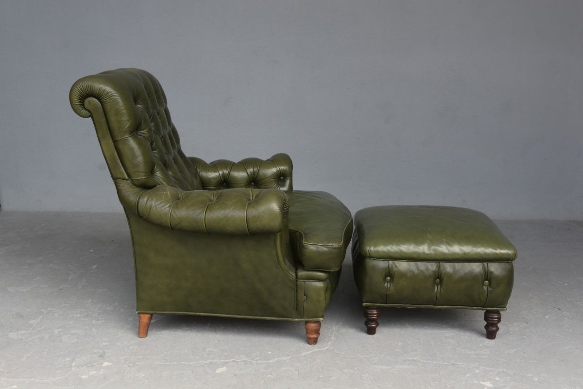 Olive Chesterfield Leather Armchair With Footstool-photo-2