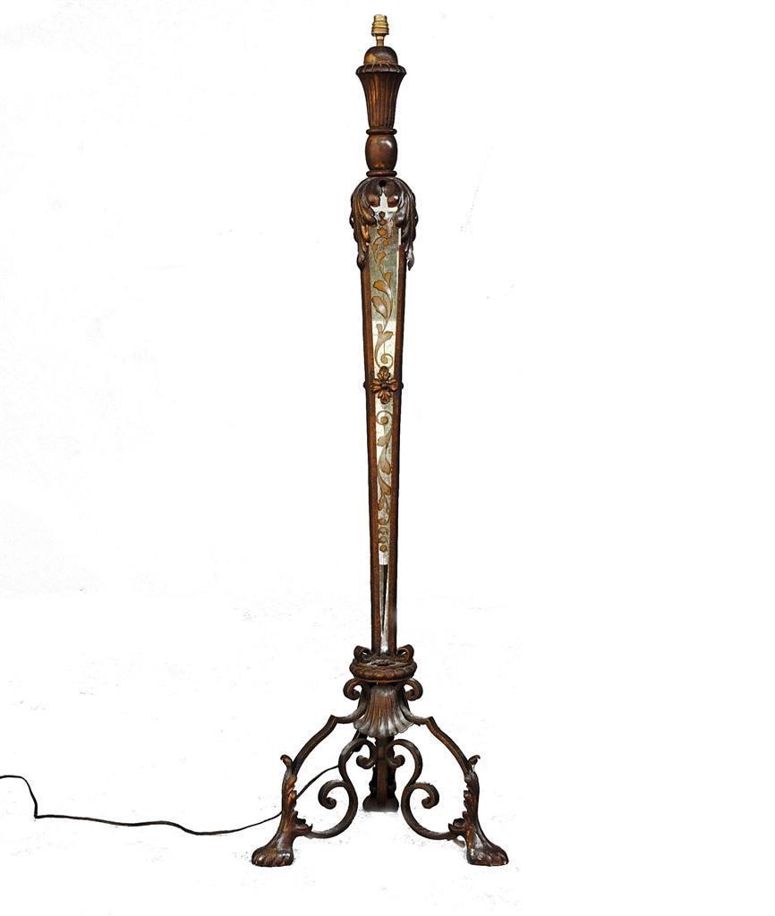 1940s Floor Lamp In Wrought Iron And Eglomised Mirror