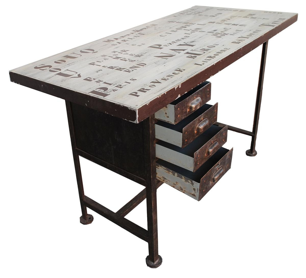 Bureau style industriel fer brossé et inscriptions pochées