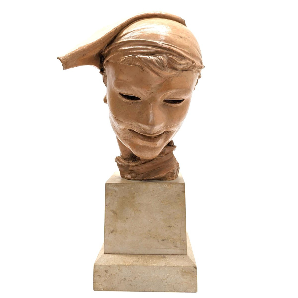 Buste d'arlequin en terre cuite par René Charles de Saint Marceaux-photo-1