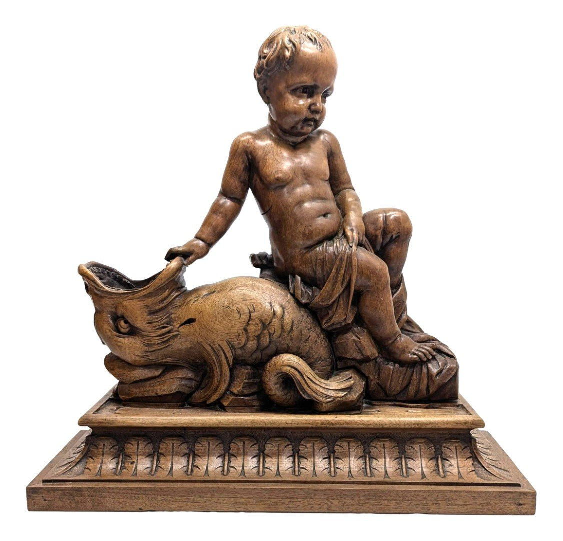 Sculpture en bois d'un bébé adossé à un animal XIXème-photo-1