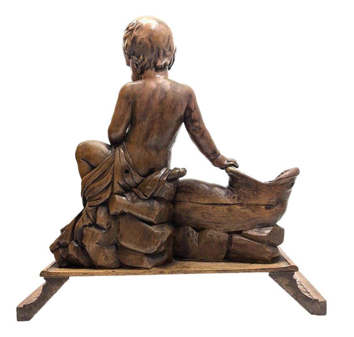 Sculpture en bois d'un bébé adossé à un animal XIXème-photo-5