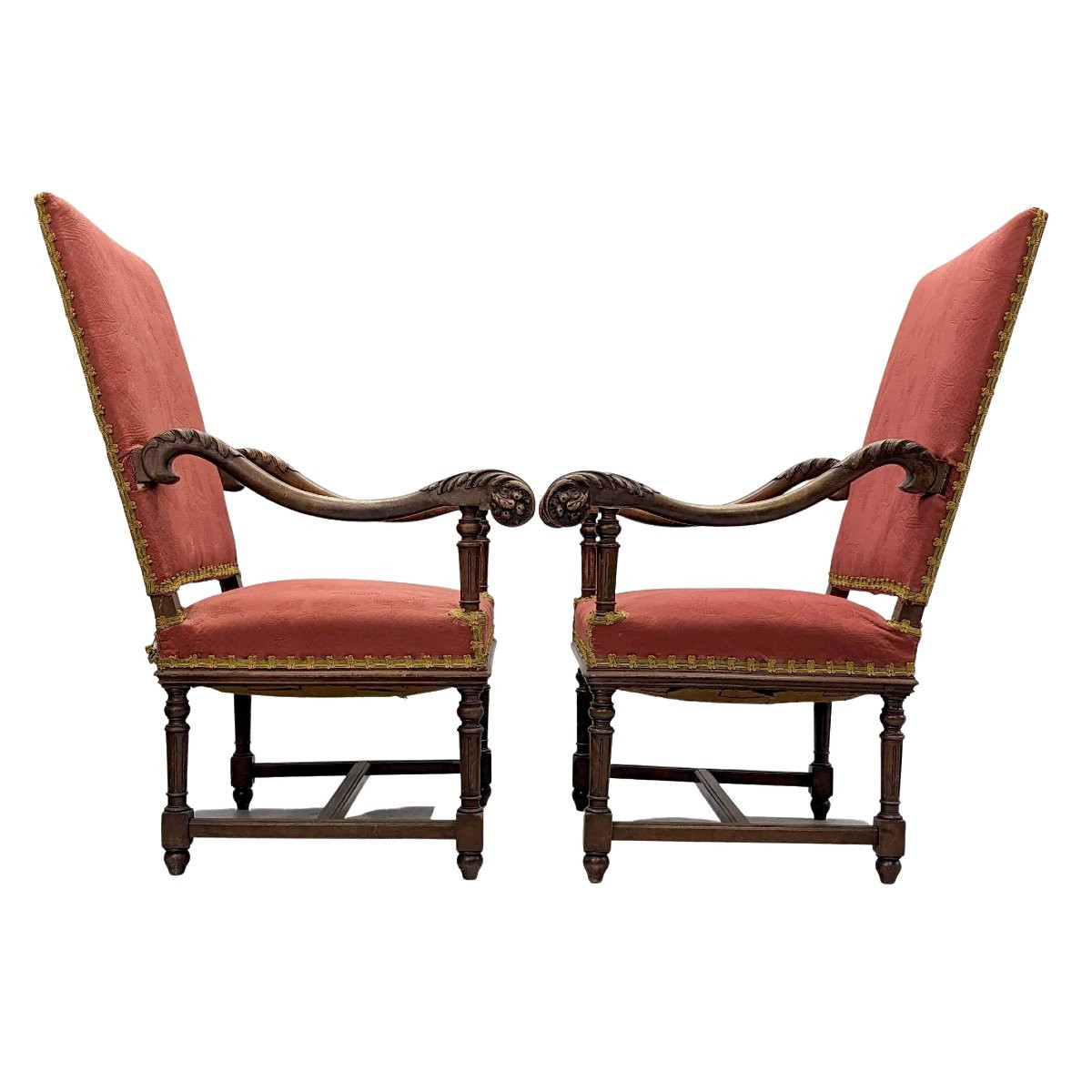 Pair Of Louis XIII Style Armchairs Walnut Acanthus Leaves-photo-2