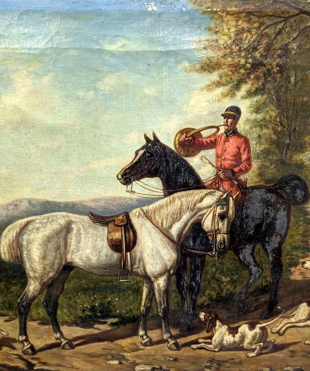 Oil On Canvas Chasse à Cour Signed By Pellegrin Donat-photo-3