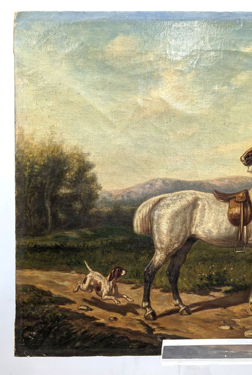 Oil On Canvas Chasse à Cour Signed By Pellegrin Donat-photo-4