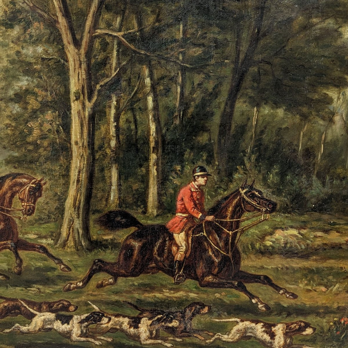 Huile sur toile Chasse à cour signée de Pellegrin Donat-photo-3
