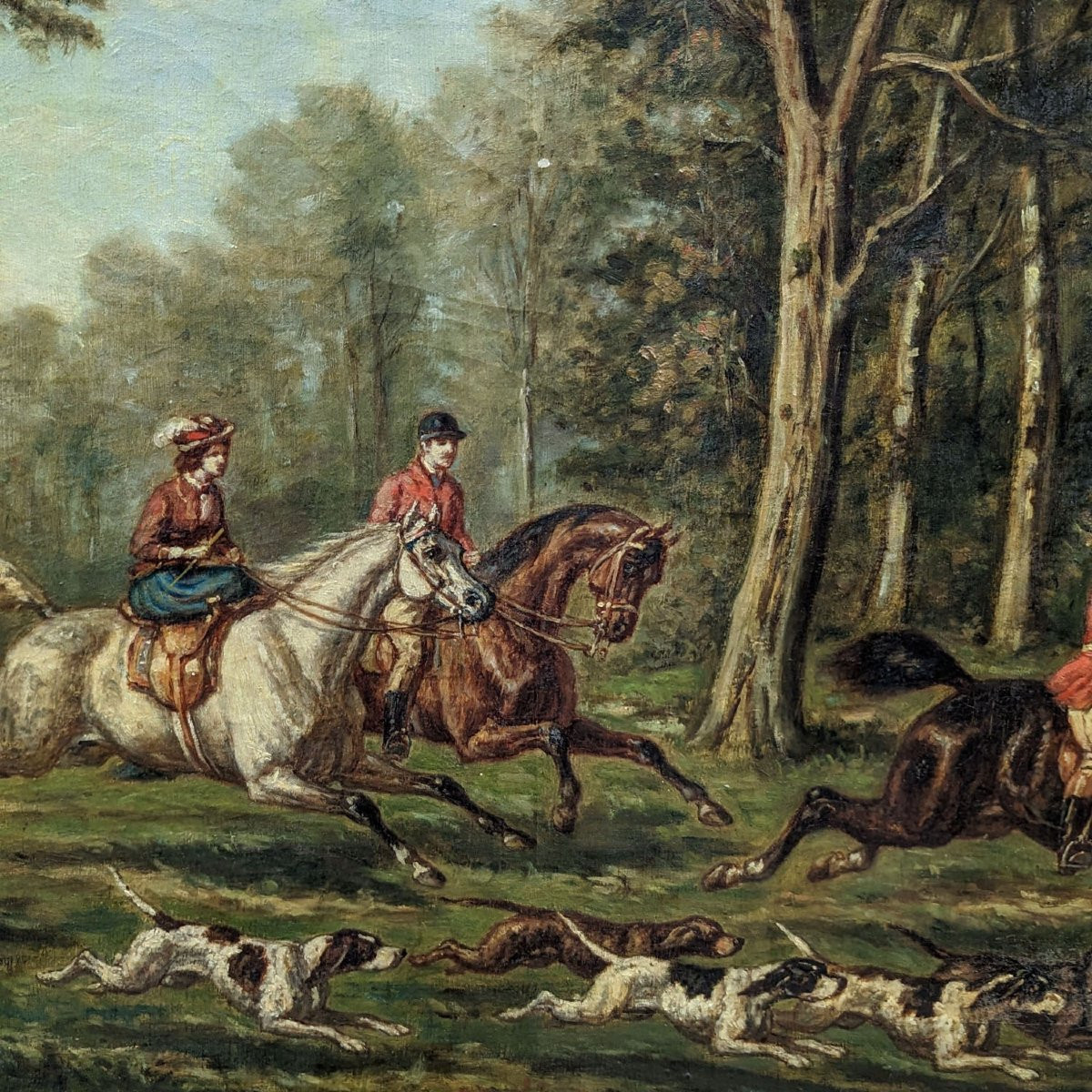 Huile sur toile Chasse à cour signée de Pellegrin Donat-photo-4