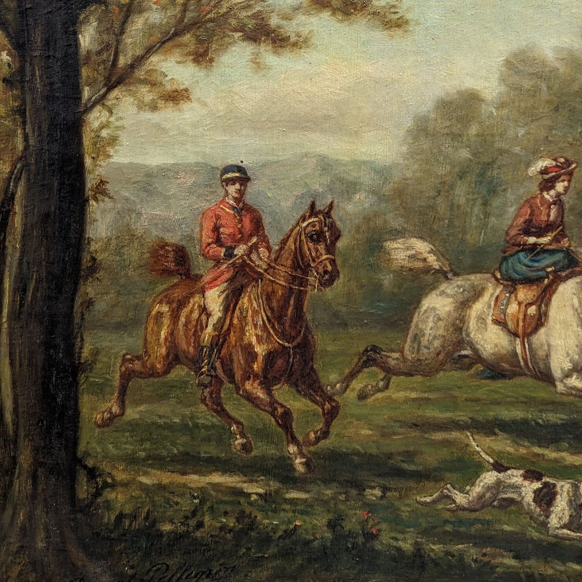 Huile sur toile Chasse à cour signée de Pellegrin Donat-photo-5