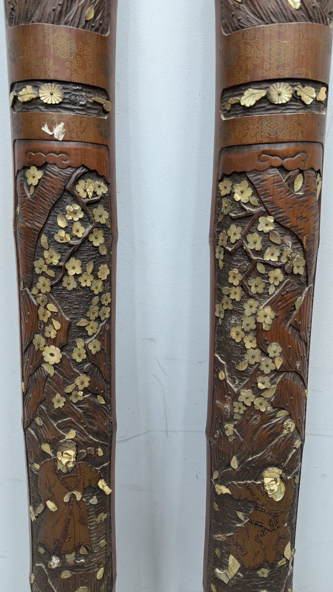 Pair Of Bamboos Inlaid With Mother-of-pearl And Partially Lacquered Japan Meiji Period-photo-2