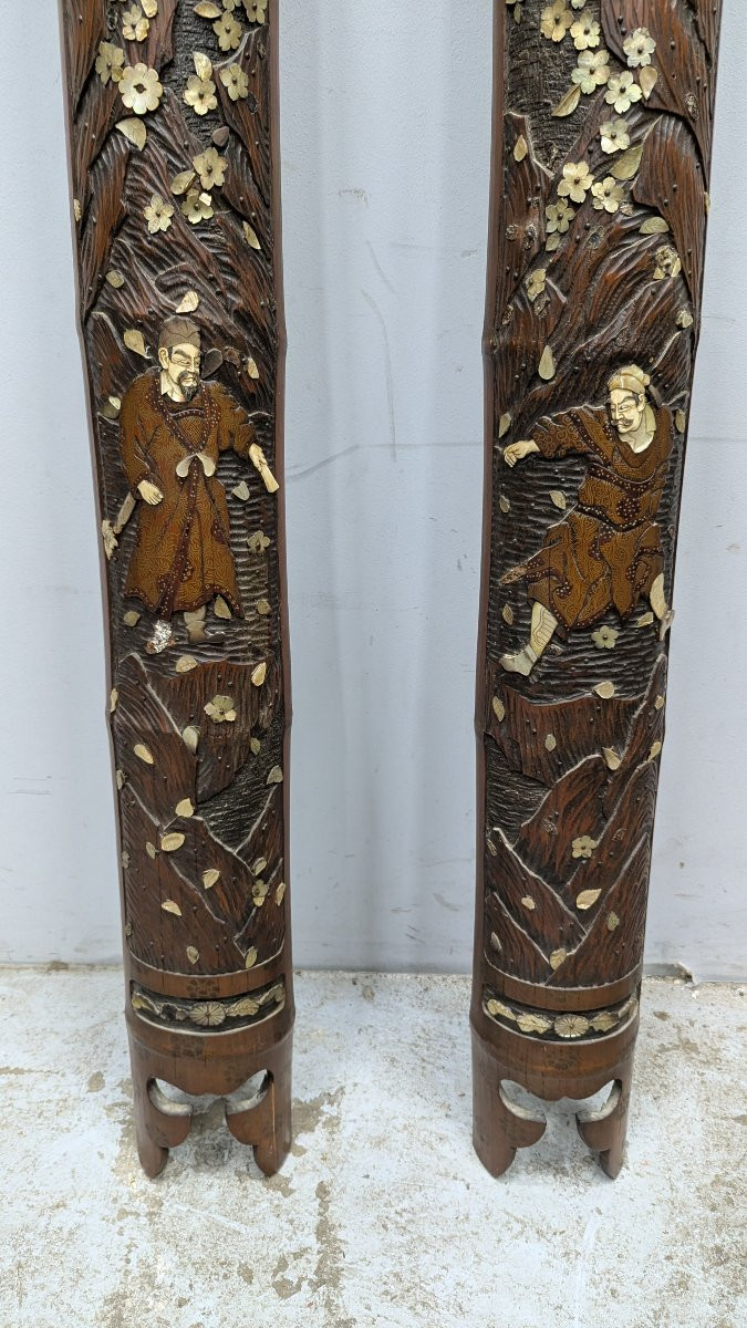 Pair Of Bamboos Inlaid With Mother-of-pearl And Partially Lacquered Japan Meiji Period-photo-3