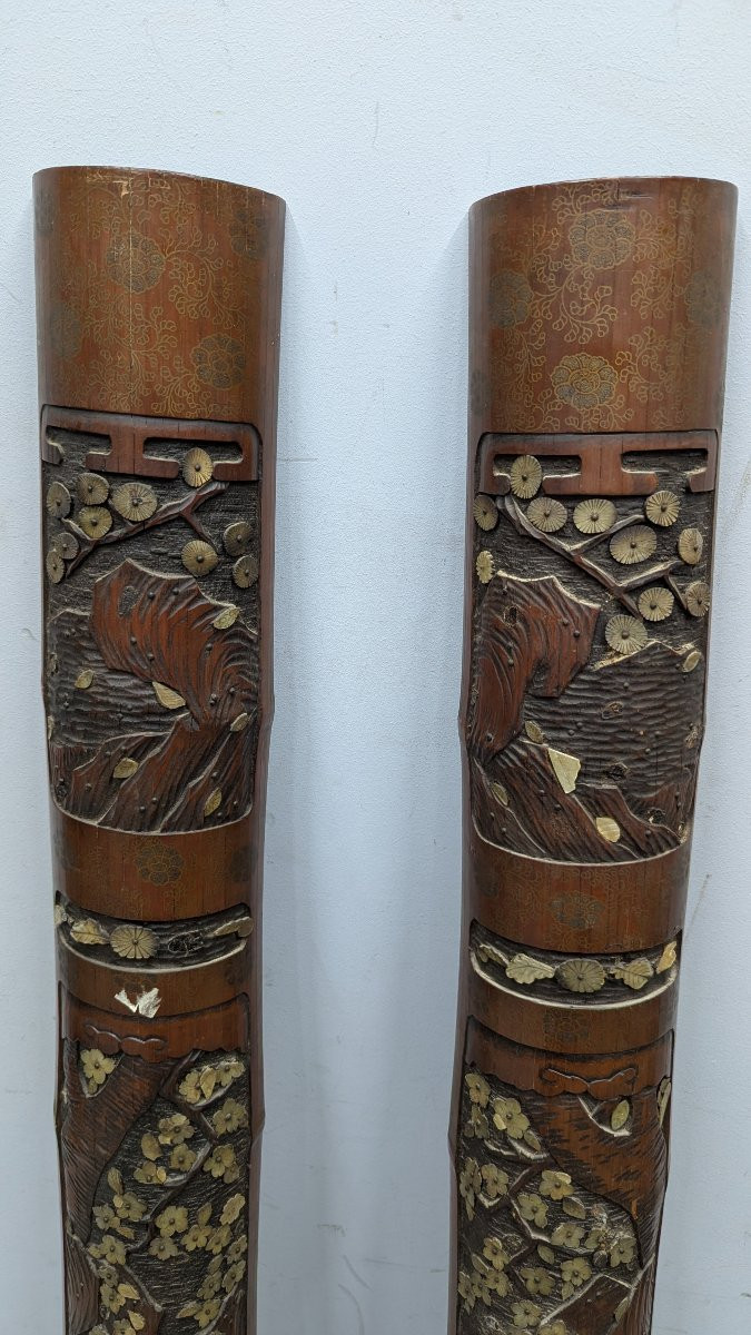 Pair Of Bamboos Inlaid With Mother-of-pearl And Partially Lacquered Japan Meiji Period-photo-4
