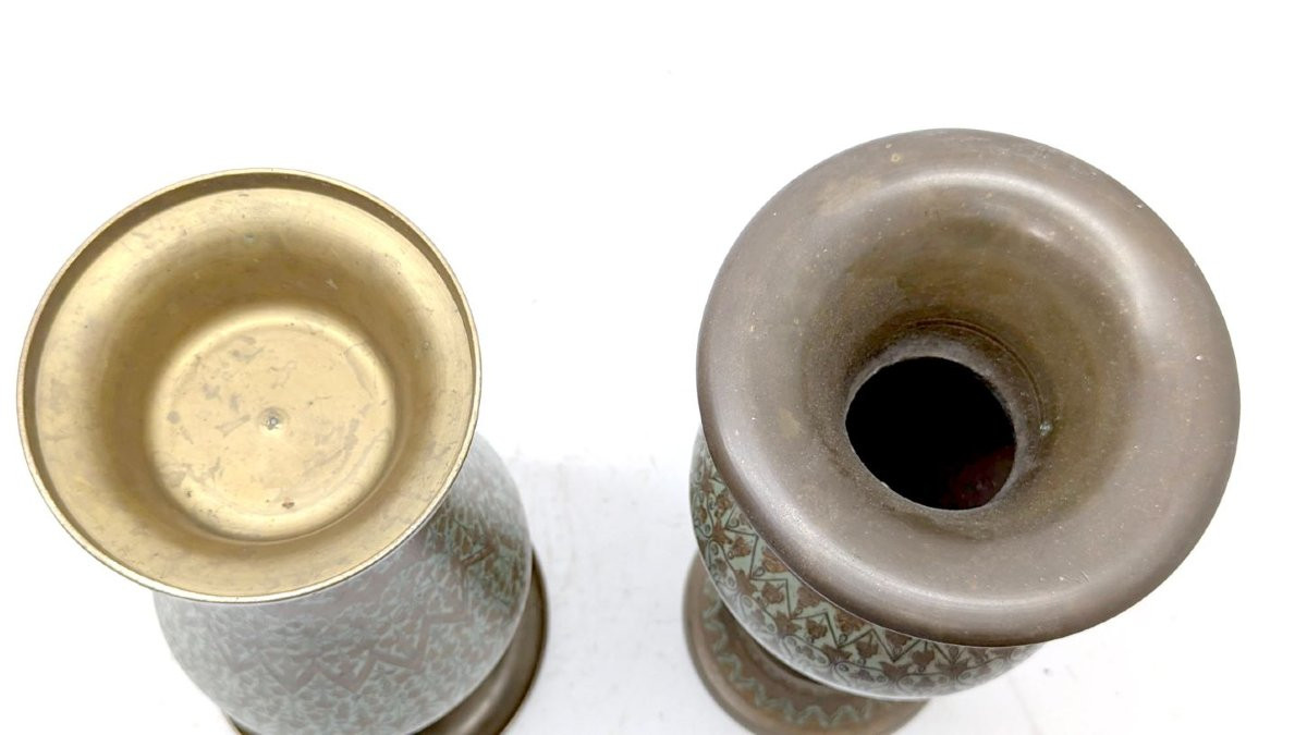 Paire de vases en bronze niellé travail oriental-photo-7