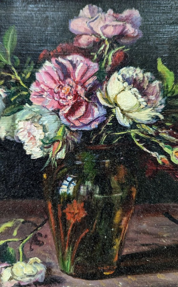 Peinture Nature morte au vase de pivoines-photo-2