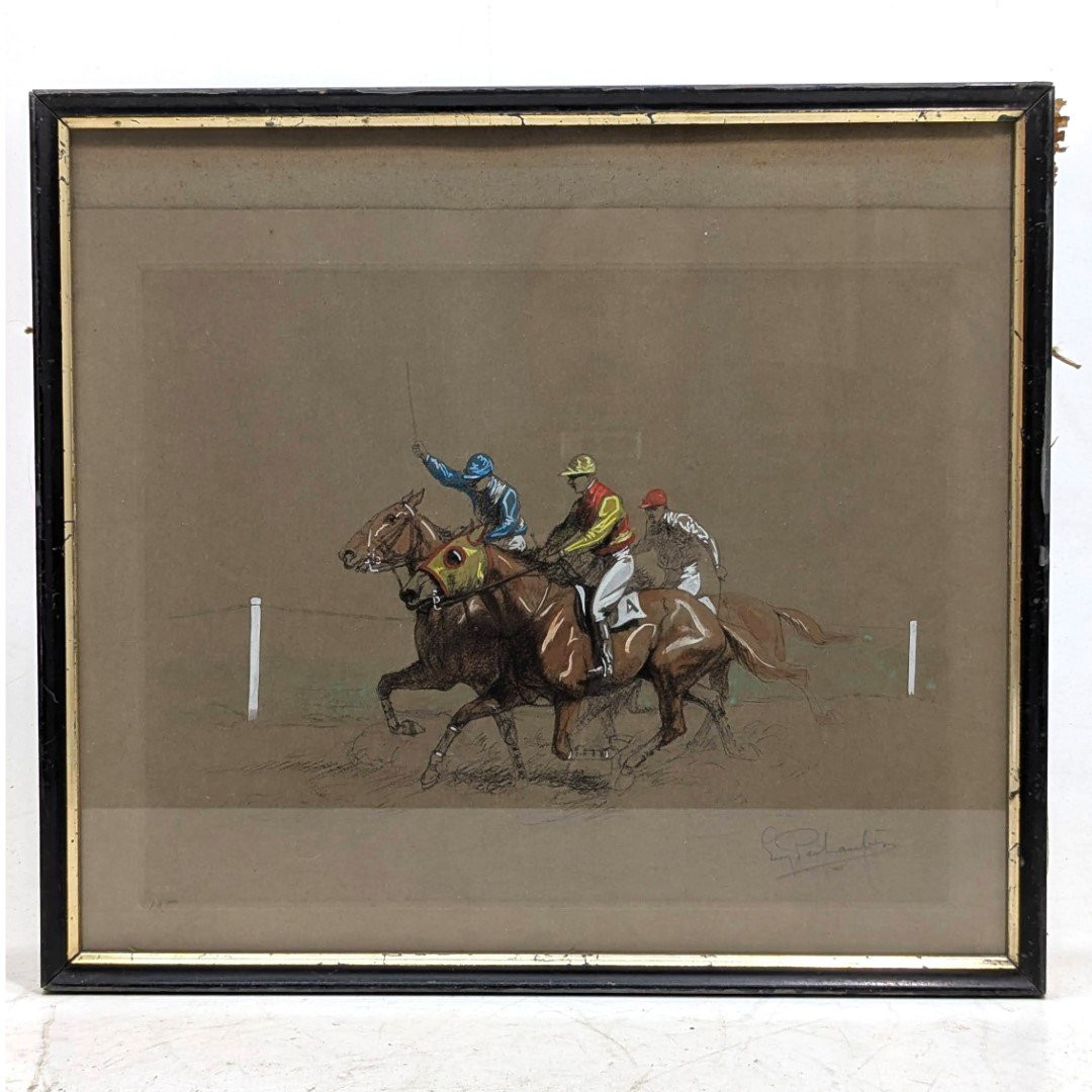 Horse Racing Scene Watercolor Gouache By Eugène Péchaubes-photo-1