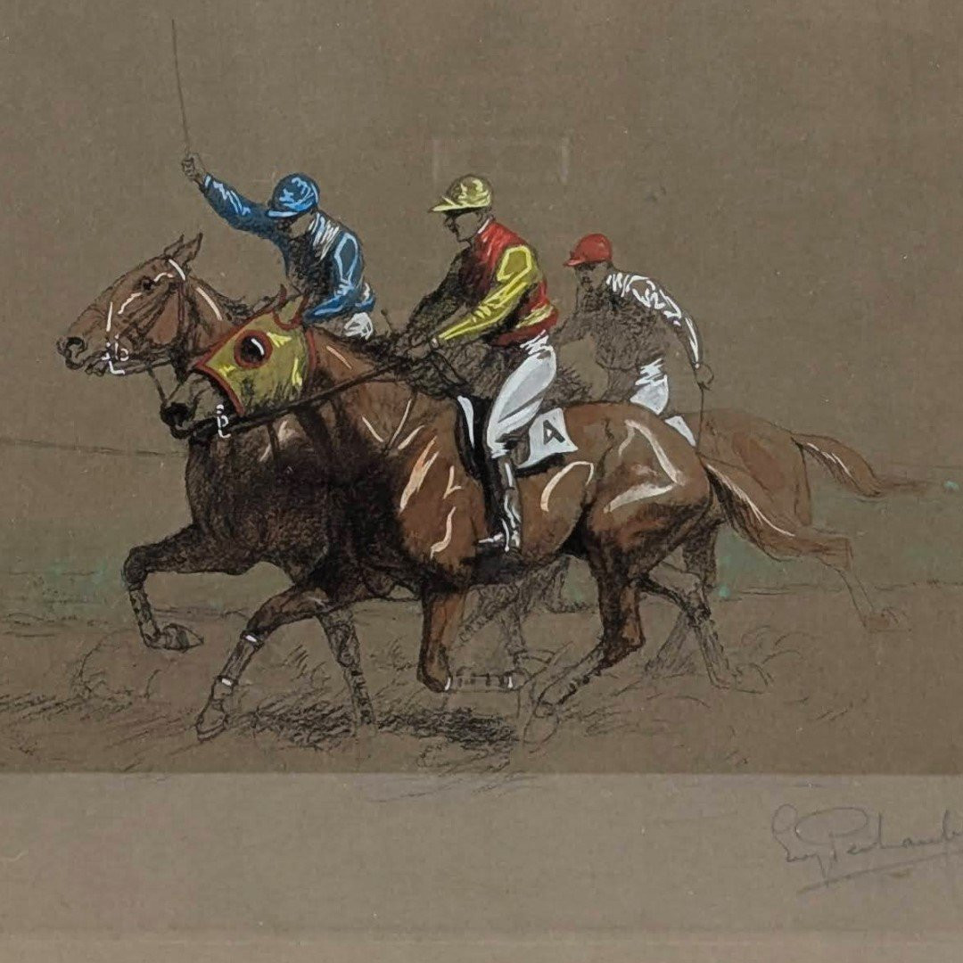 Horse Racing Scene Watercolor Gouache By Eugène Péchaubes-photo-2