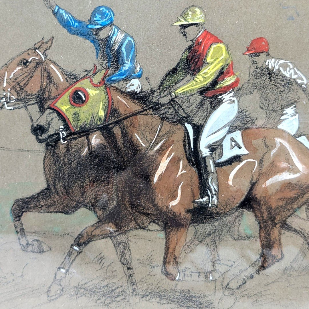 Horse Racing Scene Watercolor Gouache By Eugène Péchaubes-photo-3