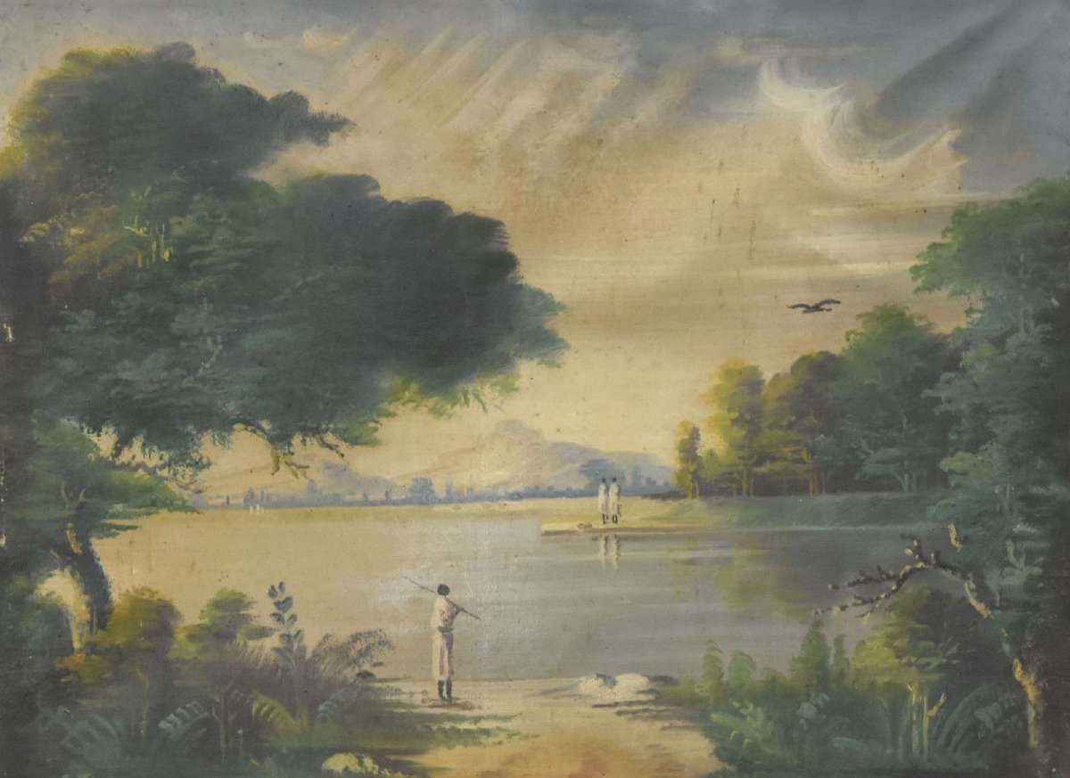 Peinture scène lacustre africaniste aux pêcheurs époque 1900-photo-2