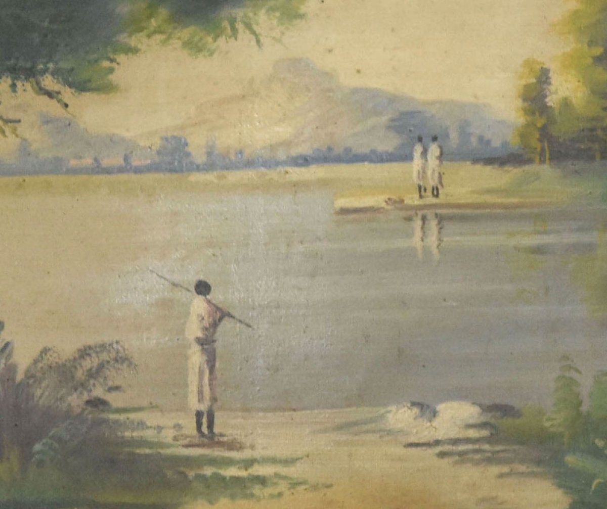 Peinture scène lacustre africaniste aux pêcheurs époque 1900-photo-3