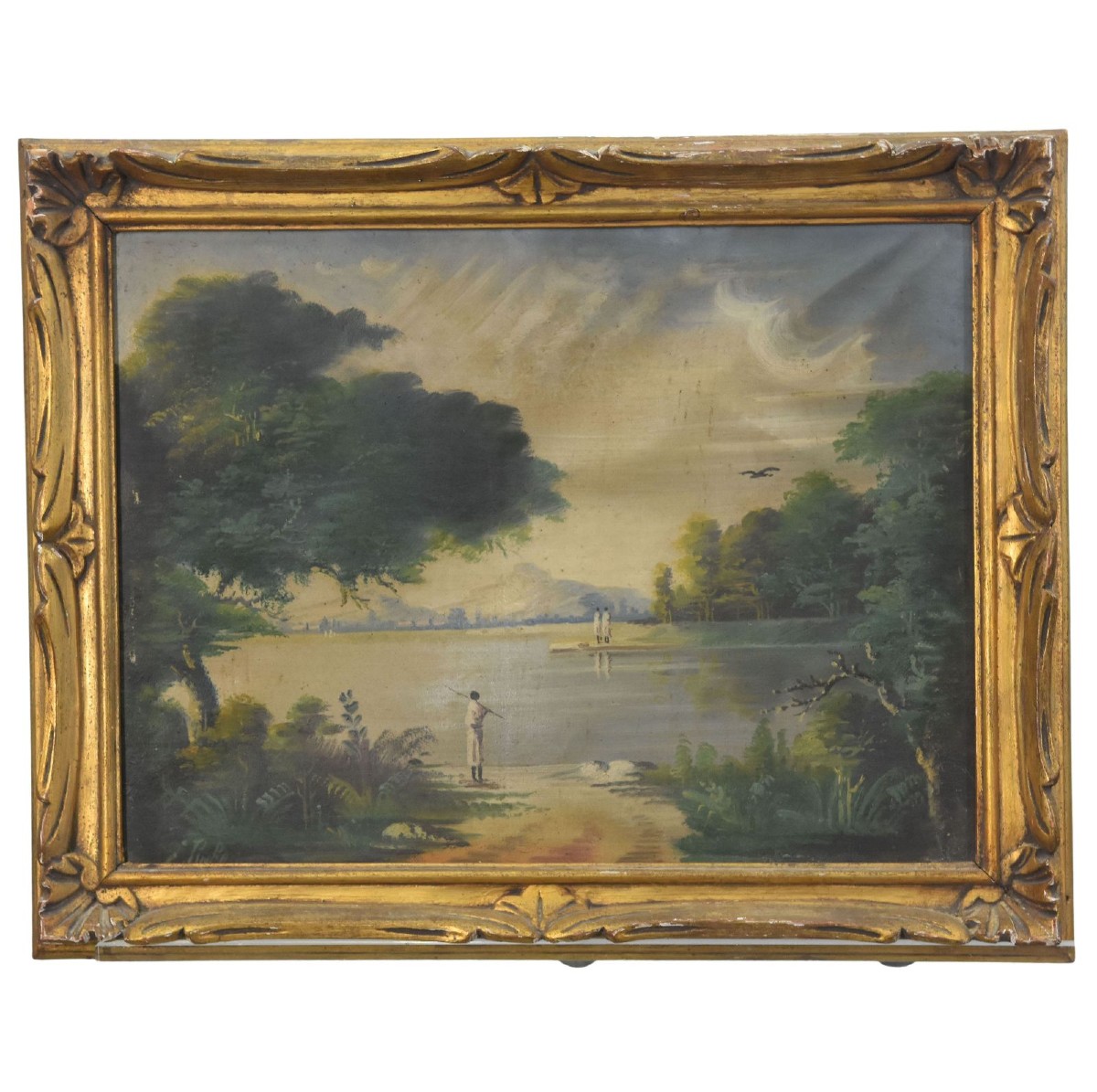 Peinture scène lacustre africaniste aux pêcheurs époque 1900
