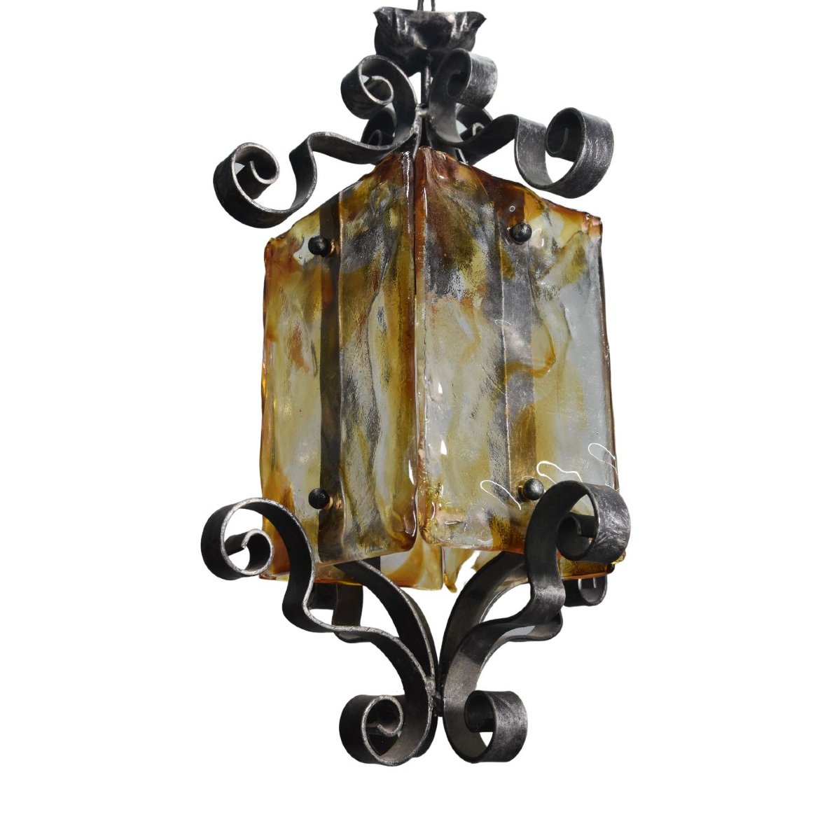 Lanterne de jardin d'extérieur en fer forgé face verre coloré-photo-3
