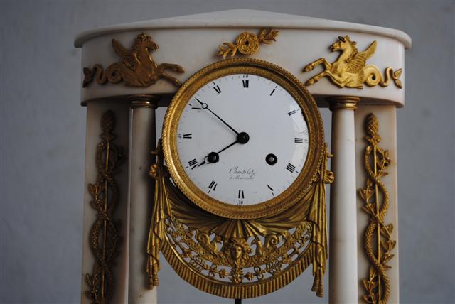 Antique Clock Portico Gilt Bronze Executive And Marble White-photo-2