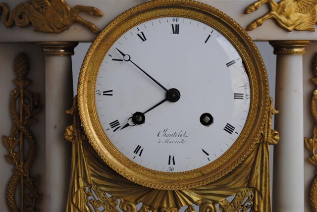 Antique Clock Portico Gilt Bronze Executive And Marble White-photo-4