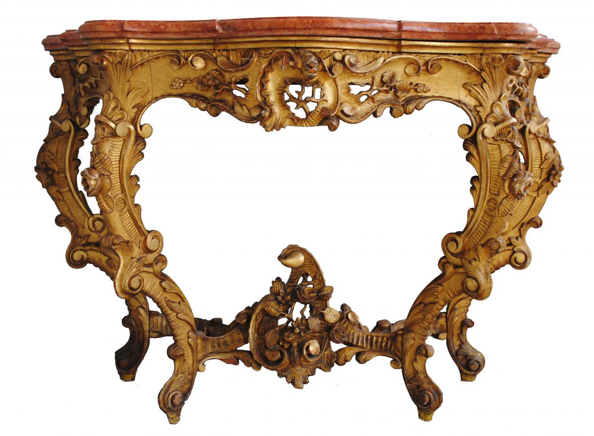 Console  Louis XV En  Bois Doré Dessus Marbre 