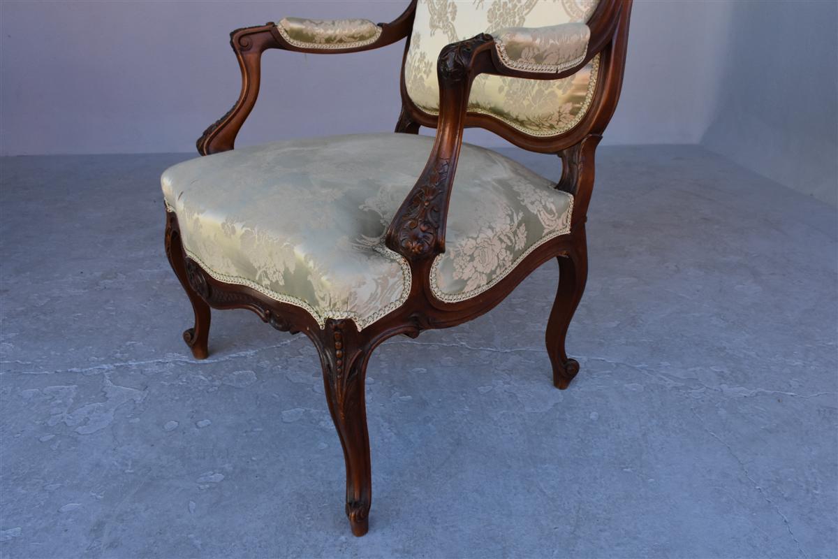 Pair Of Louis XV Style Armchair In Walnut Covered With Silk-photo-2