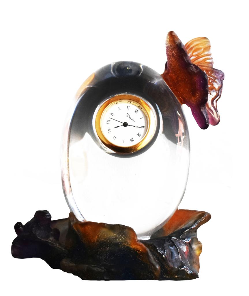 Petite Horloge De Table En Cristal De Daum Grenouille Et Papillon