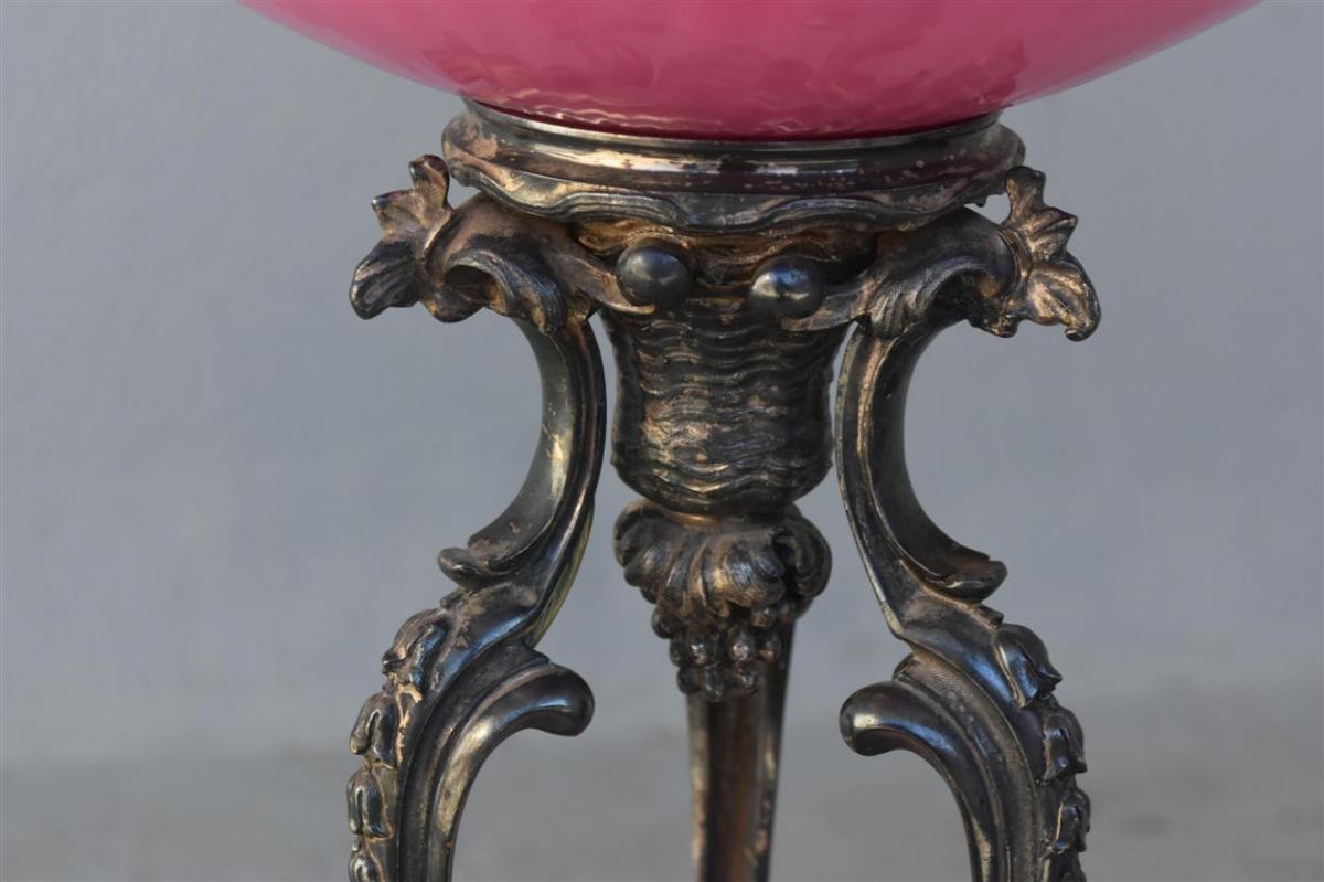 Rare Lampadaire En Métal Argenté Et Opaline Rose Par Maison Christofle époque 1900-photo-3