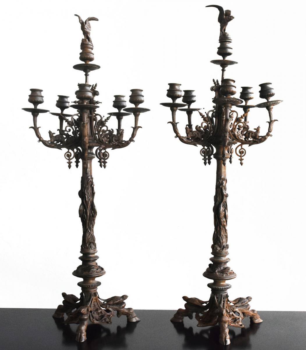 Paire De Grands Chandeliers En Bronze De Jules Moigniez XIXème