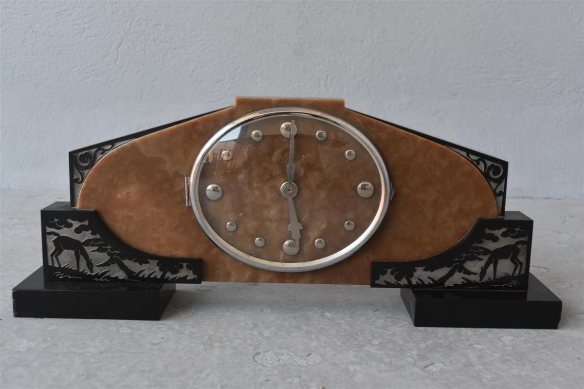 1930s Art Deco Mantel Clock In Onyx And Sandblasted Marble-photo-2