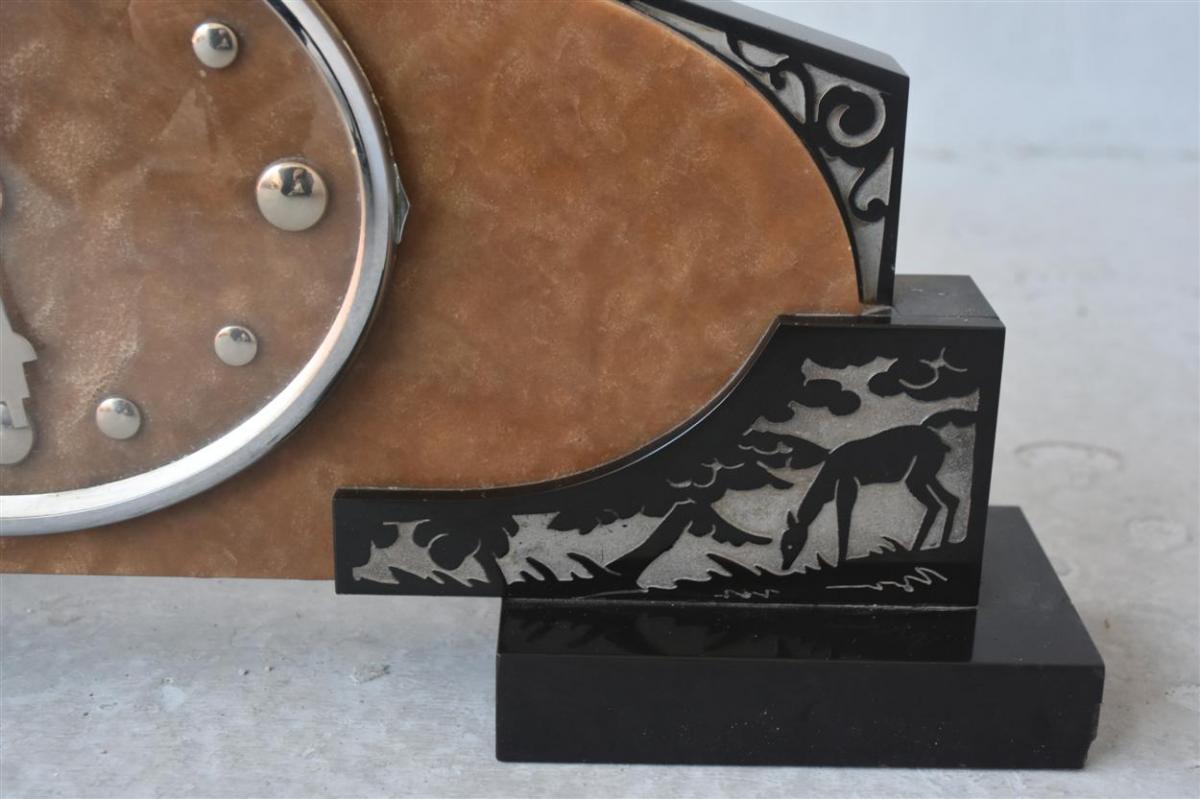 1930s Art Deco Mantel Clock In Onyx And Sandblasted Marble-photo-2