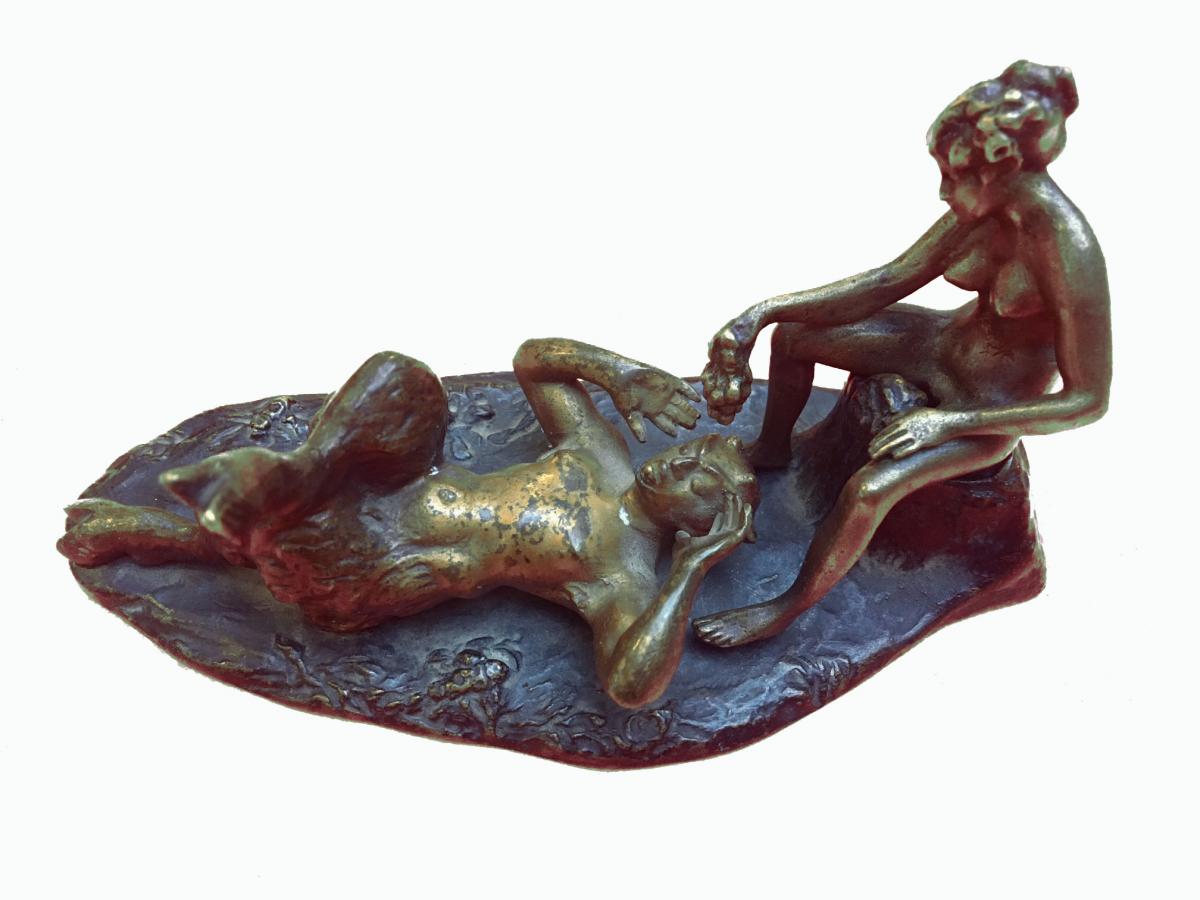 Curiosa En Bronze Patine Médaille Au Faune Et à La Jeune Femme