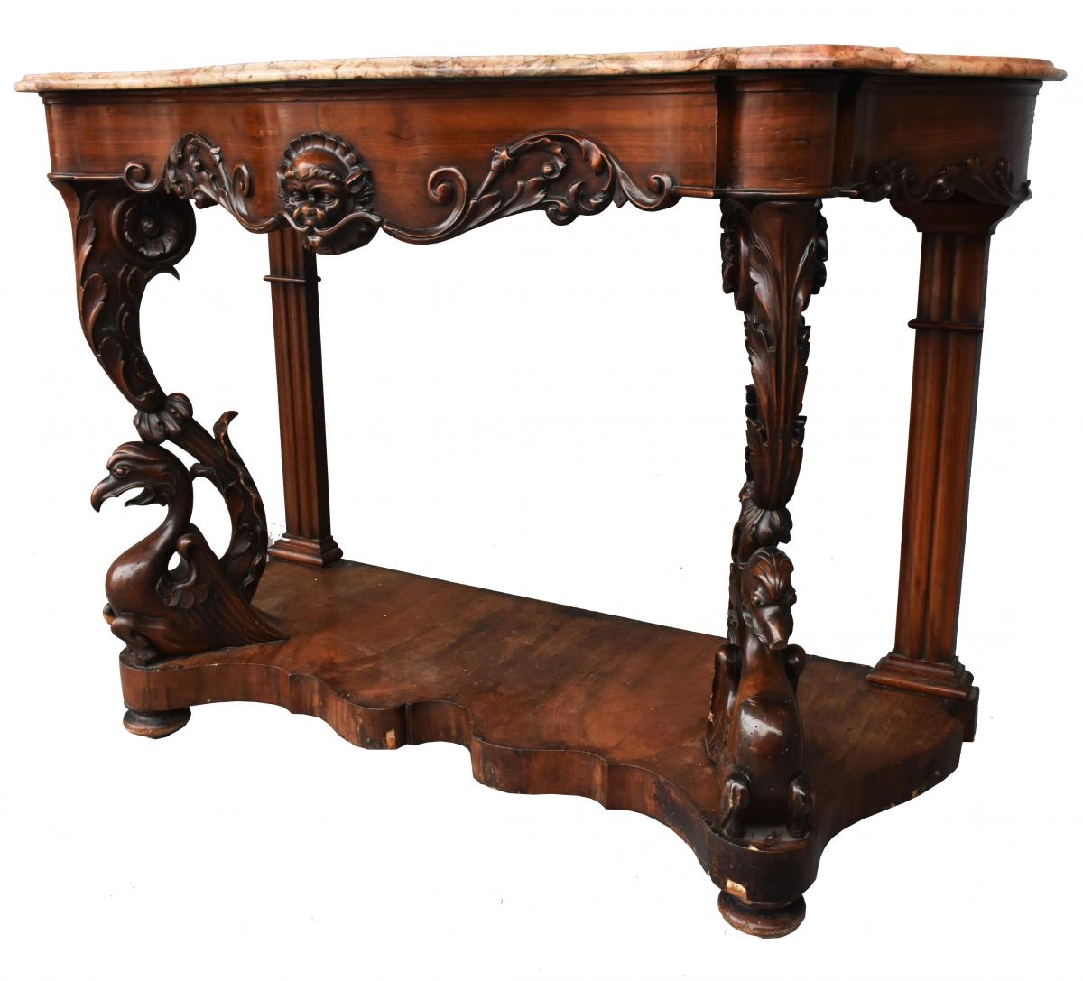 Superb Mahogany Console Napoléon III Mahogany Plated Richly Carved Nineteenth