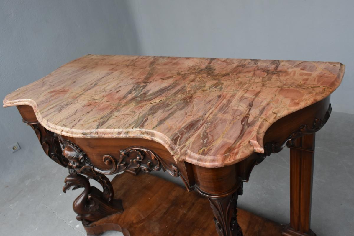   Mahogany Console Napoléon III Mahogany Plated Richly Carved Nineteenth-photo-4