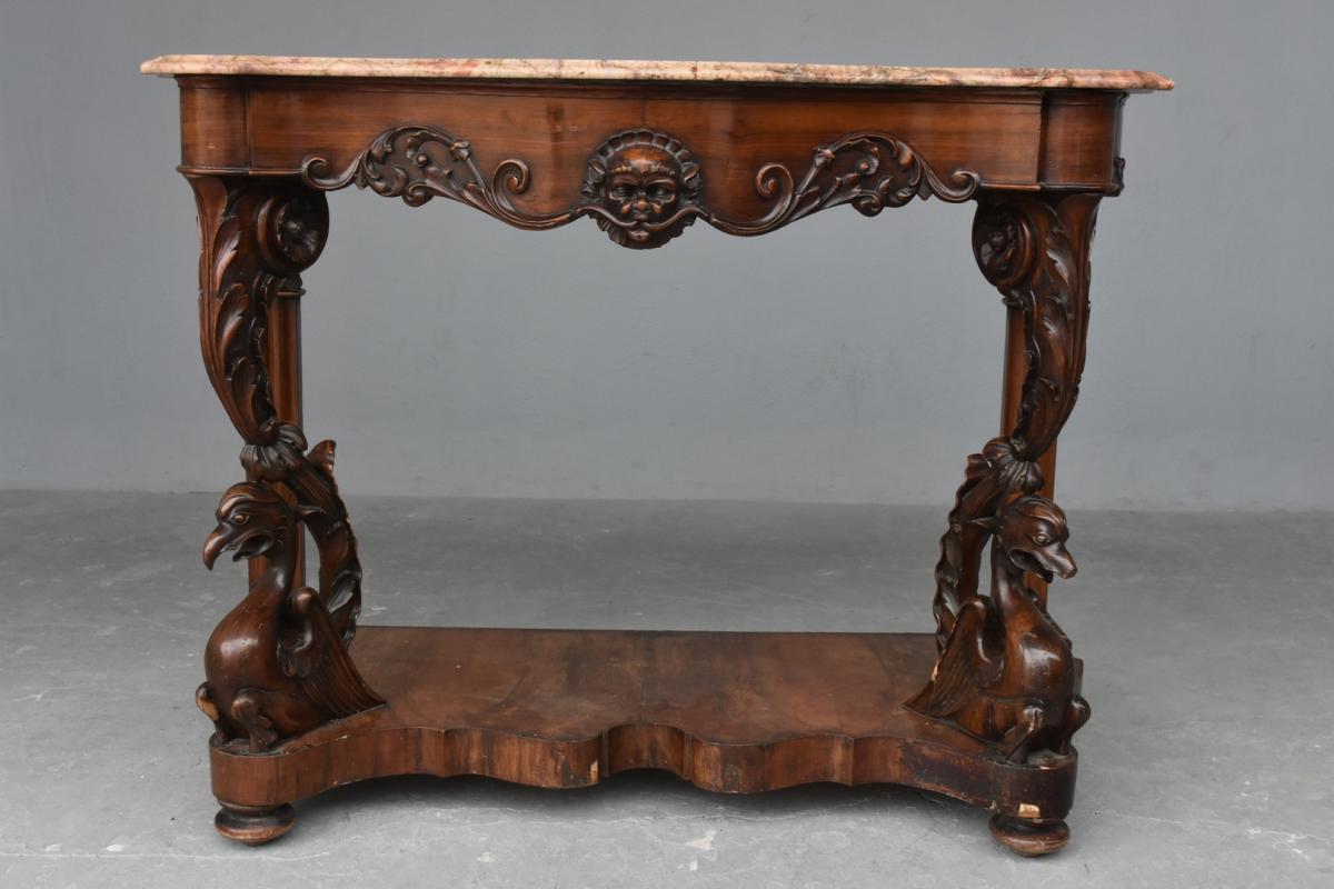 Superb Mahogany Console Napoléon III Mahogany Plated Richly Carved Nineteenth-photo-1