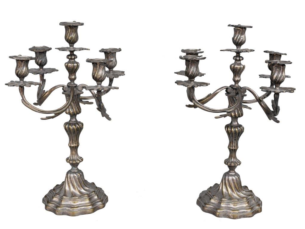 Pair Of Candlestick Silver Metal Louis XV Style 6 Lights